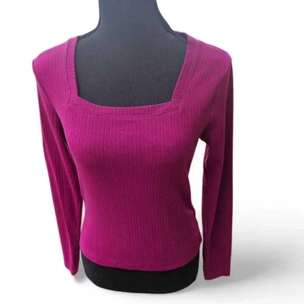 Old Navy Ribbed Square-Neck Long Sleeve Top - Hot Pink Size Medium